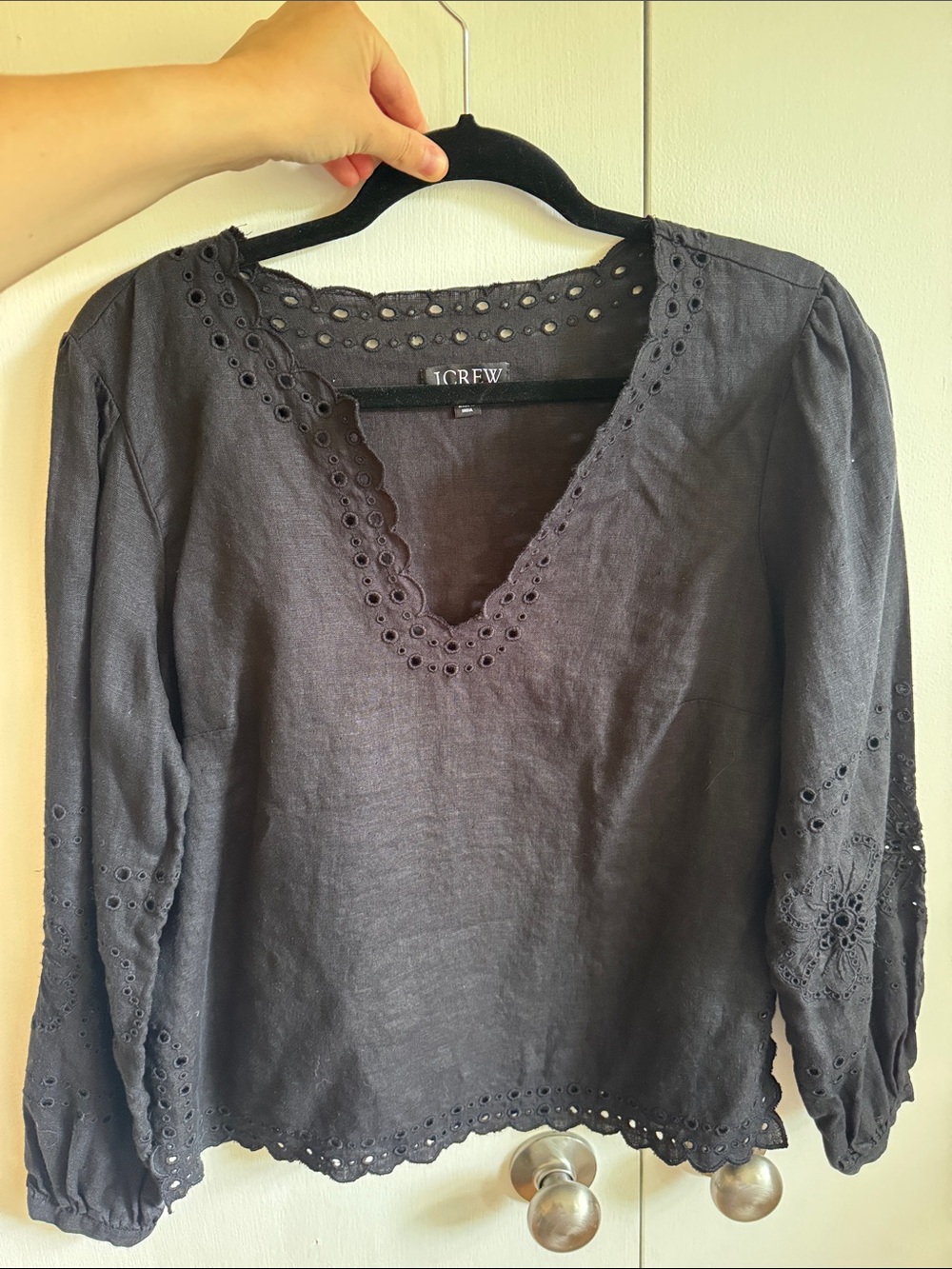 J. Crew Black Linen Eyelet V-Neck Blouse